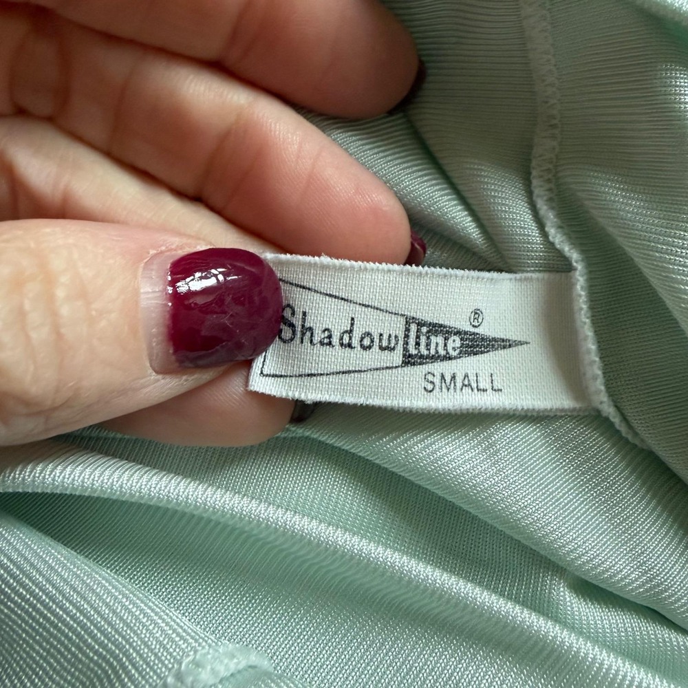 Shadowline Vintage Mint Green Lace Trim Floral Embroidered Nylon Nightgown Small - Picture 7 of 8